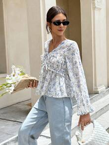 Serisse 休闲宽松碎花长袖系带衬衫，适合女性日常穿着，秋季百搭，适合返校、外出、办公等场合，蓝色碎花衬衫，波西米亚风衬衫，适合冬季、春季、度假度假 - 藍色 - 查看 6