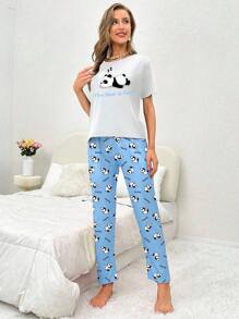 Panda & Slogan Graphic Tee & Pants PJ Set / Pajama Set - Multicolor - View 4