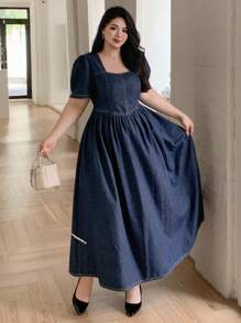 Dazy Plus 深洗蓝色方领短袖长款牛仔连衣裙，夏季 - 深色水洗藍 - 查看 5