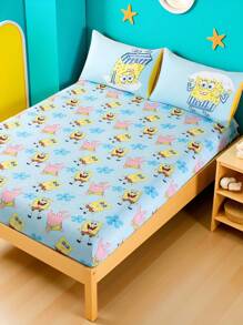 SpongeBob SquarePants | SHEIN 1 pieza Juego de sábana ajustada con estampado de dibujos animados, disponible en tallas para camas individuales/dobles/queen/king, suave, transpirable, cálido y lavable a máquina - Celeste - Ver 2