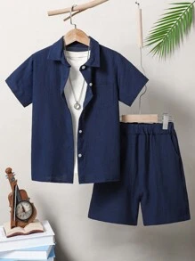SHEIN 青少年男孩實色口袋修補釦子衬衫配短裤,不含內搭t恤 - 藏蓝色 - 查看 3