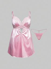 ROMWE Kawaii Baby Doll Silky Satin Lace Patchwork Plus Size Sexy Dress Set - Pink - View 2