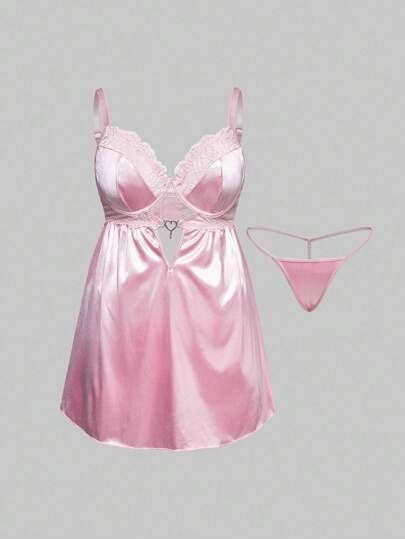 Kawaii Baby Doll Silky Satin Lace Patchwork Plus Size Sexy Dress Set