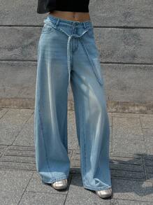 DAZY Vintage Blue Lace-Up High Waist Wide Leg Jeans For Women, Versatile - Light Wash - View 5