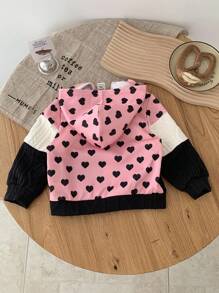 SHEIN Babygirl Fashion Design Cute Color Matching Girl Heart Pattern Textured Fabric Hooded Jacket, Comfortable And Soft Fabric Cares For Baby's Skin, Warm And Practical, Suitable For Autumn And Winter, Is The First Choice For Mothers Shopping, Versatile - Multicolor - View 5