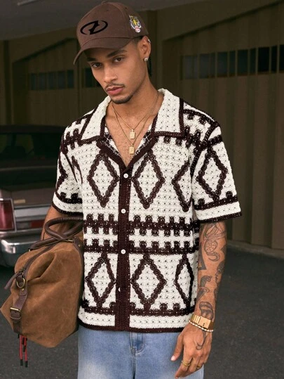 AXEPEAK 男士撞色菱形图案短袖针织上衣