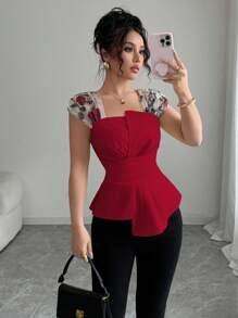 Elenzga 女式束腰不对称拼接刺绣网眼衬衫 - 紅色 - 查看 4