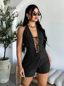 SHEIN SXY 女式性感系带露背吊带上衣和短裤两件套，夏季 - 黑色 - 查看 4