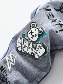 Young Boy Printed Elastic Denim Tapered Jeans, Fun And Fashionable Back To School Recommendation, Classic Washed Blue Denim Stretch Fabric, Cartoon Printed Design Full Of Childlike Charm, High Waist Elastic Waistband Fall Winter - Dark Wash - View 7