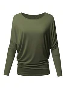 Hanevo Women's Fashionable Loose Fitting Round Neck Batwing Sleeve Side Ruched Long Sleeve T-Shirt - Army Green - View 4
