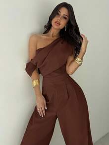Firerie 女士优雅杏色连体裤，端庄不对称领口垂坠露肩连体裤，阔腿连体裤，舒适无袖连体裤，适合春夏秋冬，沙滩装，机场装，度假装，教师装 - 咖啡棕 - 查看 7