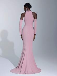 Elitara Elegant Woven Halter Off-Shoulder Mermaid Hem Zipper Dress, Suitable For Evening Parties, Business Events, Afternoon Tea, Birthday Celebrations, Holidays, Weddings, And Other Formal Occasions - Coral Pink - View 3