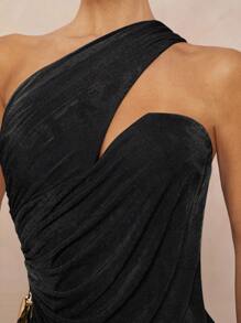 Lumalex Metal Decor Asymmetrical Ruffle Drape Bodycon Mini Dress For Women - Black - View 8