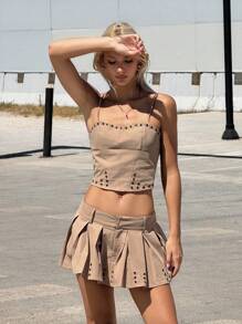 SHEIN ICON Conjunto de top de tirantes y falda plisada para mujer - Marrón - Ver 6