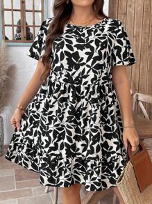 SHEIN LUNE 大码夏季休闲全身印花圆领荷叶边下摆连衣裙毕业礼服 - 黑色 - 查看 3