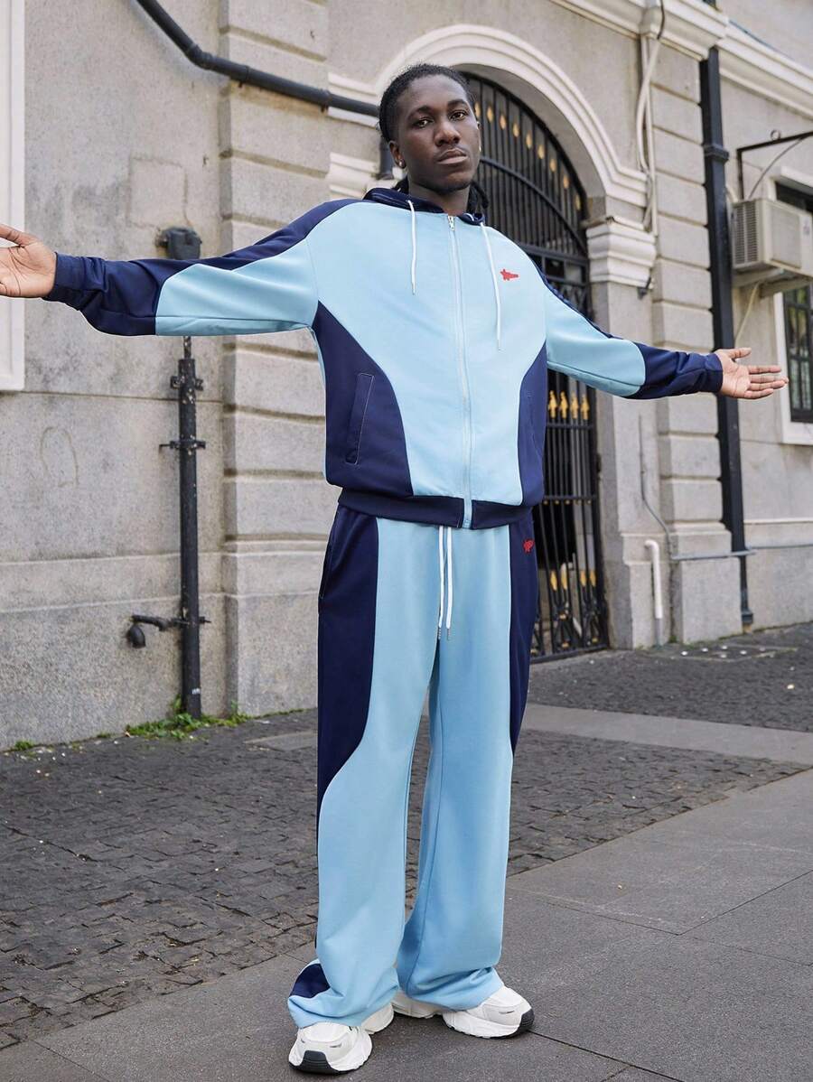 Manfinity EMRG 男士休闲运动连帽卫衣和运动裤两件套；针织运动服；拉链连帽衫和松紧腰慢跑裤；极简色块和星星印花设计，层次分明，活力四射，清新活力，适合日常、时尚、返校、户外、休闲、运动等各种场合。节日礼物，男友礼物，男士两件套蓝色两件套男士男士色块套装 Y2k 运动服男士慢跑套装，秋装