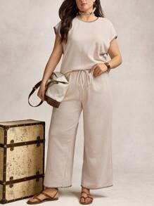 Zelara Plus Size Women 2Pcs Set Contrast Color Ruffle Short Sleeve Top & Wide Leg Linen Pants,Beige,Summer,Casual,Curve,Loungewear Outfit Old Money Style - Apricot - View 5