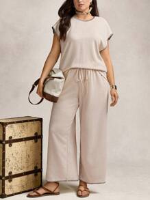 Zelara Plus Size Women 2Pcs Set Contrast Color Ruffle Short Sleeve Top & Wide Leg Linen Pants,Beige,Summer,Casual,Curve,Loungewear Outfit Old Money Style - Apricot - View 7