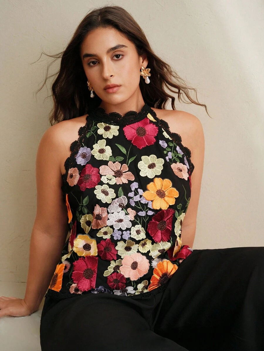 Anewsta 女士蕾丝网无袖花卉 3D 衬衫，黑色 - 黑色 - 查看 1