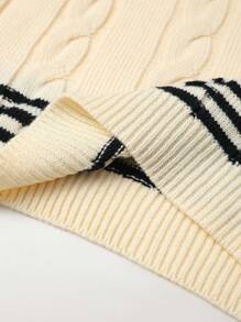 SHEIN 女童针织毛衣，简约时尚学院风，经典麻花图案，精致刺绣细节，V领，适合秋冬 - 米色 - 查看 7