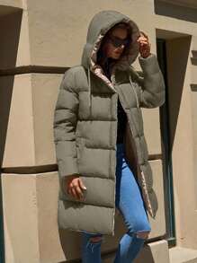 EURMUSE Two-Tone Hooded Pocket Zipper Stand Collar Mid-Length Winter Jacket - Army Green - View 5