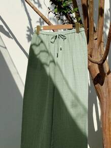 Comfortcana Women's Solid Color Knotted Casual Wide Leg Pants 100% Cotton Pants,Fall - Mint Green - View 6