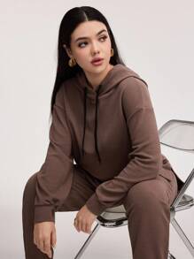 Veilorie 2pcs/Set Women Casual Simple Solid Color Sports Hoodie And Drawstring Waist Pants, Loose Fit For Autumn 2 Piece Set - Chocolate Brown - View 5