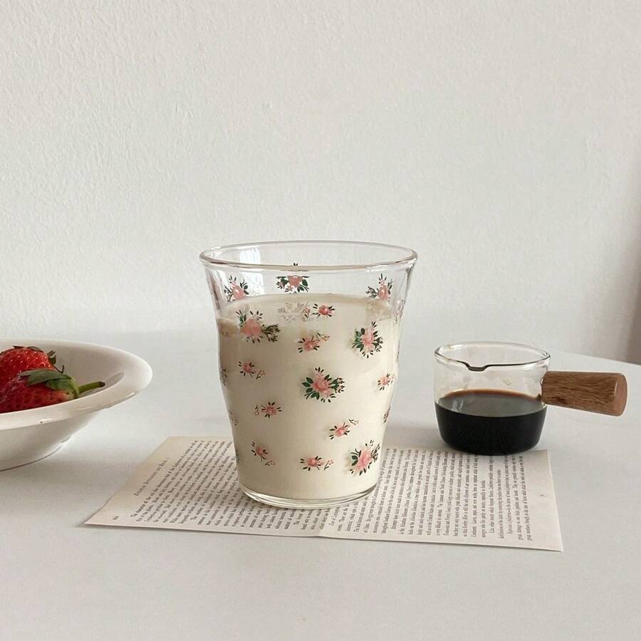 1 件 280ml 耐热粉红玫瑰图案玻璃杯，法式马克杯，微波炉适用，适合在家喝牛奶、咖啡、茶，优雅清爽的玻璃杯