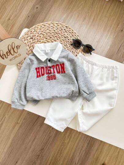 2pcs Baby Boy/Girl Light Grey Letter Pattern Lapel Top & Elastic Waist Pants Outfit,Autumn Casual Page Boy Back-To-School,Birthday Party,Wedding Set