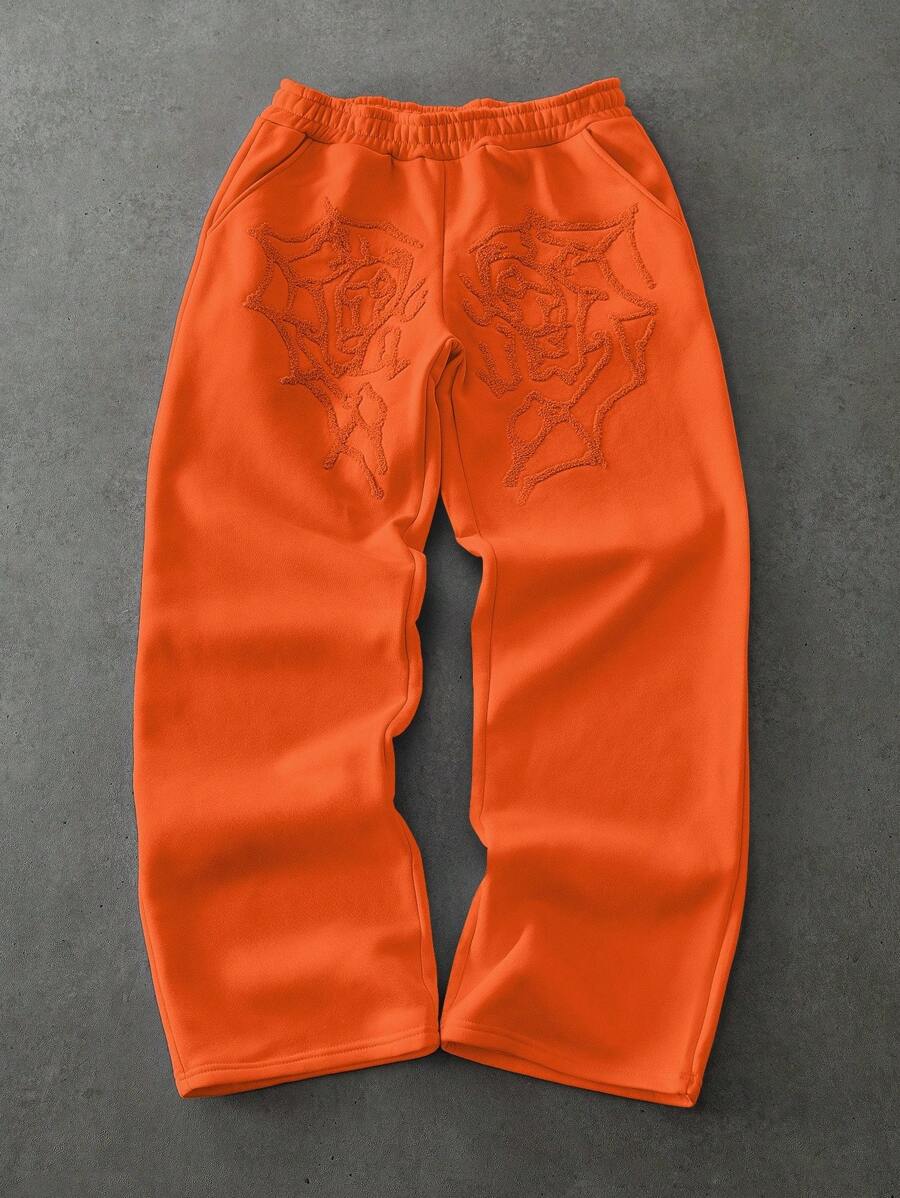 PAVTROS Manfinity Streetrush Men's Street-Style Popular INS Matching Spider Web & Heart Embroidered Sweatpants, Loose Fit, Pink, Ideal Gift For Boyfriend/Husband, Anniversary - Orange - View 1