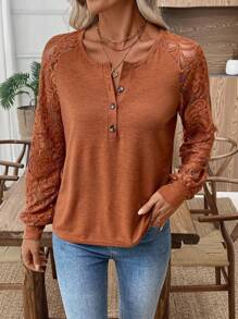 EMERY ROSE 女式撞色蕾丝插肩袖纽扣半襟休闲运动衫