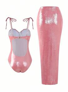 Swim Oasis 2 件套夏季新款高端闪亮材质贝壳装饰聚拢泳衣，女士连体泳衣