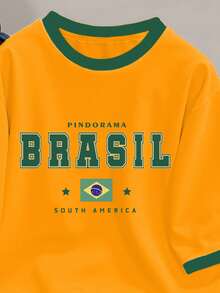 Manfinity Campus Court Men's Patchwork T-Shirt Manfinity Hypemode, Green & Yellow Brazil Football Sports Element & Letter Print Pattern, Contrast Color Patchwork Short Sleeve - Mustard Yellow - View 3