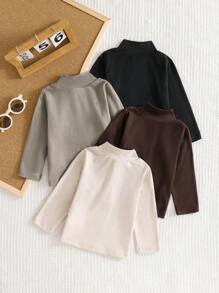 SHEIN Playful Pals 4 Pack Infant & Toddler Boys All-Match Solid Color Turtleneck Long Sleeve T-Shirts, Versatile For Everyday Wear, Suitable For Spring & Autumn Chic Outfits For Autumn/Winter Fall
