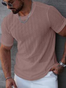 Manfinity Homme 男士夏季麦穗图案圆领短袖休闲T恤男士钩针衬衫男士杏色T恤针织T恤男士网眼男士上衣玫瑰金男士T恤 - 藕粉色 - 查看 3