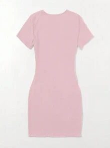 Robe d'été à col rond et manches courtes avec motif lettrage pour femme - Rose pâle - Voir 2