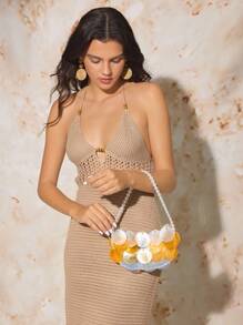 SHECARRY BEADED COLORBLOCK TOP HANDLE BAG - Beige - View 8