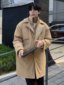 DAZY Khaki Windbreaker Jacket, Double-Breasted Design, Long Style Men's Padded Coat, Winter - Khaki - View 1
