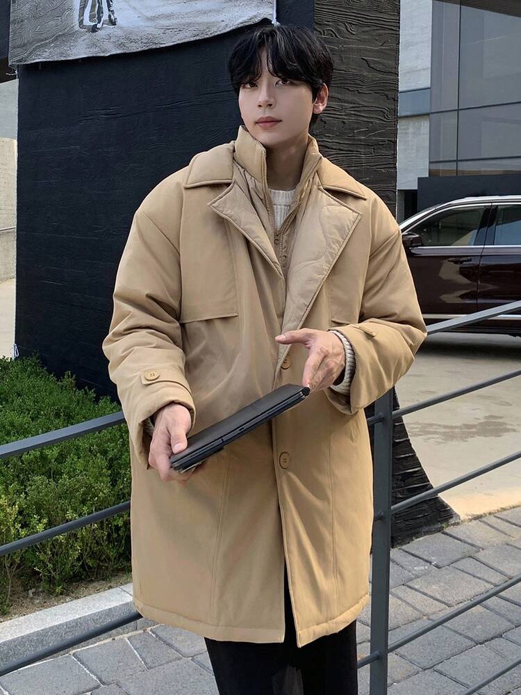 Khaki Windbreaker Jacket, Double-Breasted Design, Long Style Men's Padded Coat, Winter