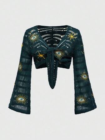 Cardigan léger brodé de soleil, lune, étoile et œil hippie