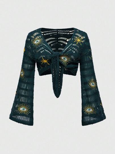 Cardigan leggero con ricamo di sole, luna, stelle e occhio in stile hippie