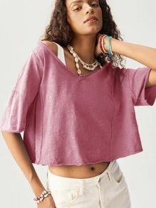 Bohemela 女士休闲纯色V领短袖宽松T恤 - 粉色 - 查看 4