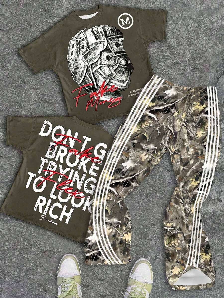 SHEIN 青少年男孩休闲简约时尚经典肖像和树叶树枝印花短袖圆领 T 恤和喇叭裤 2 件套，适合夏季