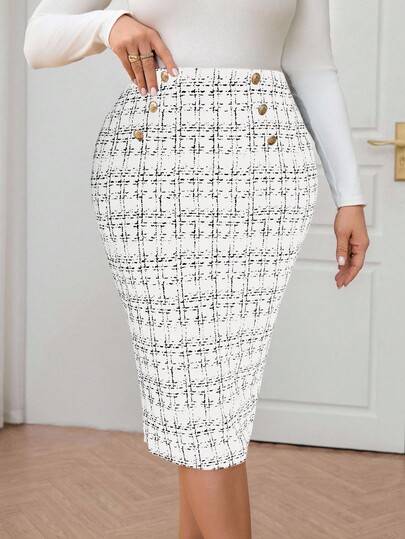 SHEIN Clasi Plus Size Elegant Plaid Fitted Skirt, Suitable For Commuting