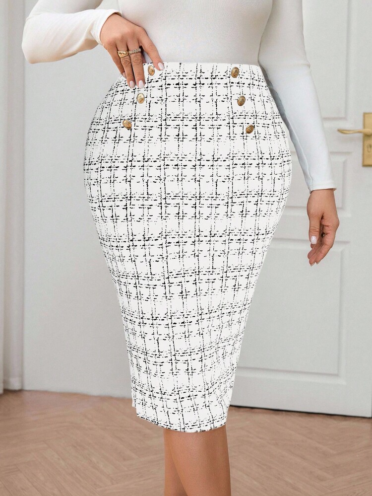 SHEIN Clasi Váy ôm kẻ caro thanh lịch cỡ lớn, thích hợp để đi làm - trắng - Xem 1