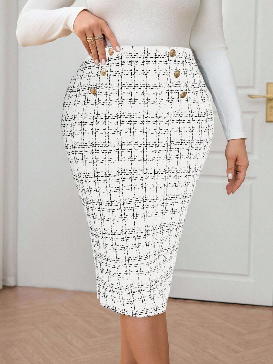 SHEIN Clasi Váy ôm kẻ caro thanh lịch cỡ lớn, thích hợp để đi làm - trắng - Xem 1