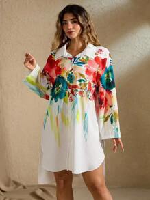 SHEIN MOOSTA فستان قميص كاجوال مطبوع بطباعة رقمية ثلاثية الأبعاد بزهور للنساء ذوات الأحجام الكبيرة للشاطئ والعطلات