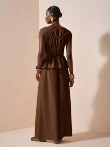 Zivah 2025 年夏季新品，音乐节，毕业季，学院风，学生装，日常休闲，度假，海滩，日光浴，街头服饰，杏色纹理面料，褶皱感圆领短袖荷叶边衬衫和阔腿裤两件套