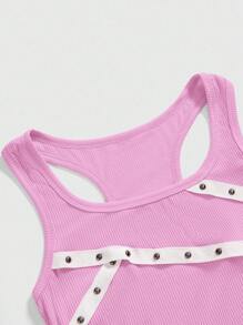 ROMWE Grunge Punk Áo croptop không tay đính đinh tán phong cách Punk Rock, áo hai dây gợi cảm kiểu sinh viên mùa hè, cỡ lớn. - Hồng - Xem 4