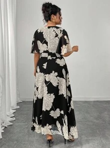 Modelyn 大码女式优雅圆领荷叶边喇叭袖合身飘逸长款雪纺连衣裙，春夏